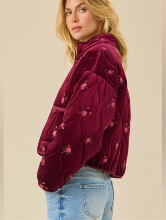 Altar'd State Jackets & Blazers - Altar'd State Burgundy Velvet Quilted Floral Jacket